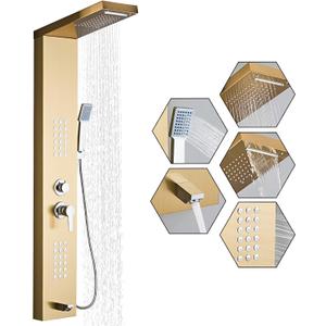 Shower Panel Tower System 5-in-1 Shower Panel Tower with Powerful Body Massage, Rainfall, Waterfall,Handheld and Tub Spout, Stainless Steel Shower Column - Brushed Gold