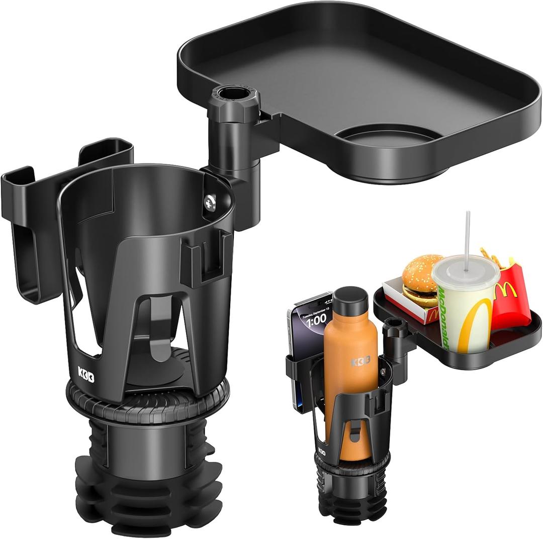 KDD Car Cup Holder Expander - 3 in 1 Cup Holder Adapter with Adjustable Base - Detachable Phone Holder & 360 Rotation Food Tray for Car - Compatible with Vehicles, Car, Road Trip Essentials