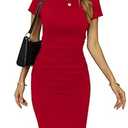 Missufe Ruched Bodycon Sheath Casual Dress Women's Short Sleeve Kneed Length Fitted T Shirt Sundress (RED, X-Large)