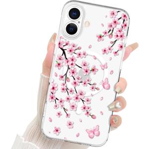 Fiyart Designed for iPhone 16 Plus Case Flowers Design Compatible with MagSafe Wireless Charging,Cute Clear Pink Floral Sakuras Anti-Scratch Phone Cover for Women Girls 6.7"-Transparent