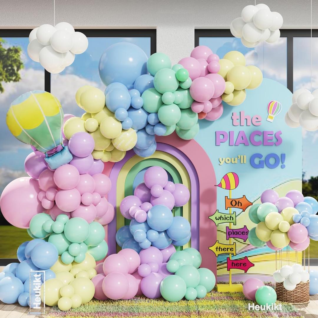 171Pcs Oh The Place Party Decorations Pastel Rainbow Color Balloons Garland Arch Kit for Travel Theme Birthday Baby Shower Preschool Graduation Up Up and Away Party Supplies