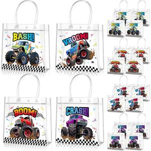 Aliceset 20 Pcs Truck Party Clear Favor Bags with Handles Monster Racing Car Party Treat Bags Truck Race Themed Decorations for Birthday Baby Shower Goodie Supplies, 8x8x3.15 inch
