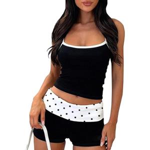 RUEWEY Women 2 Piece Polka Dots Pajama Set Y2k Sleeveless Cami Tank Top and Fold Over Shorts Lounge Set Sleepwear (Medium, Black)
