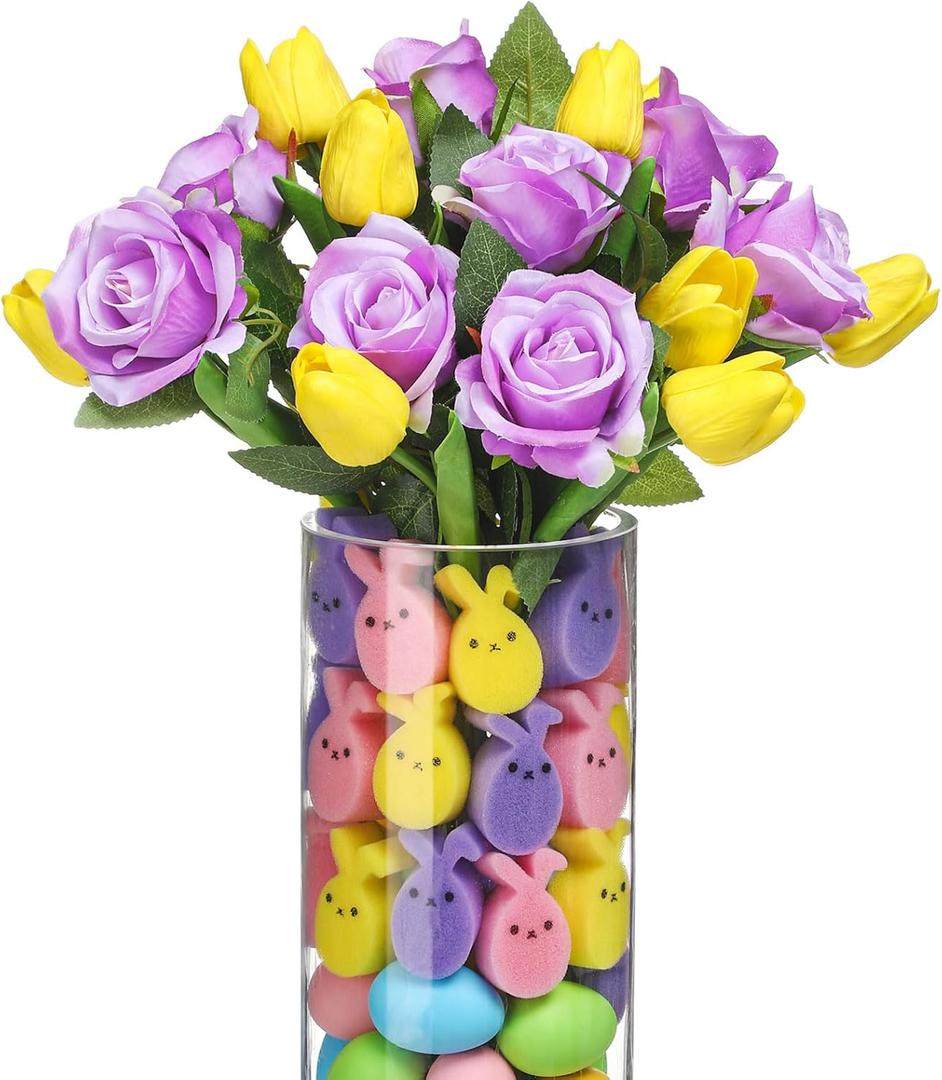 20 Artificial Tulip and Fake Rose with 60 Sponge Bunnies and Eggs Vase Filler Set, Spring Centerpiece Table Decor,Spring Home Indoor Decoration for Tables