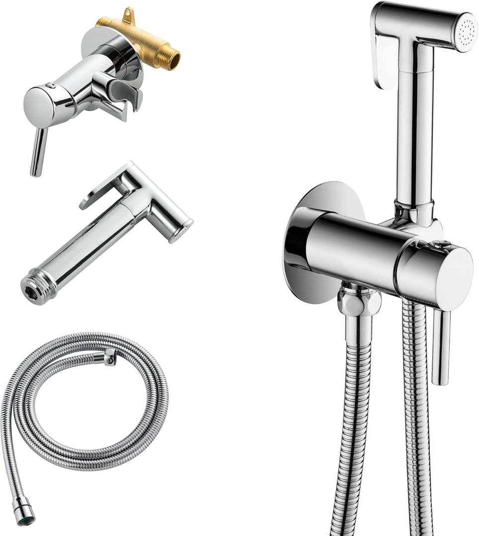 SHAMANDA Warm Water Bidet Sprayer for Toilet with Hot and Cold Brass Rough-in Valve, Stainless Steel Round Handheld Bidet Attachment Set for Feminine, Pets and Baby Diaper Wash, Polished Chrome BDS09