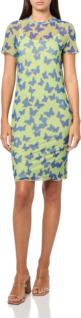 HUGO Women's Printed Mesh Bodycon Mini Dress (Large, Blue Butterfly)