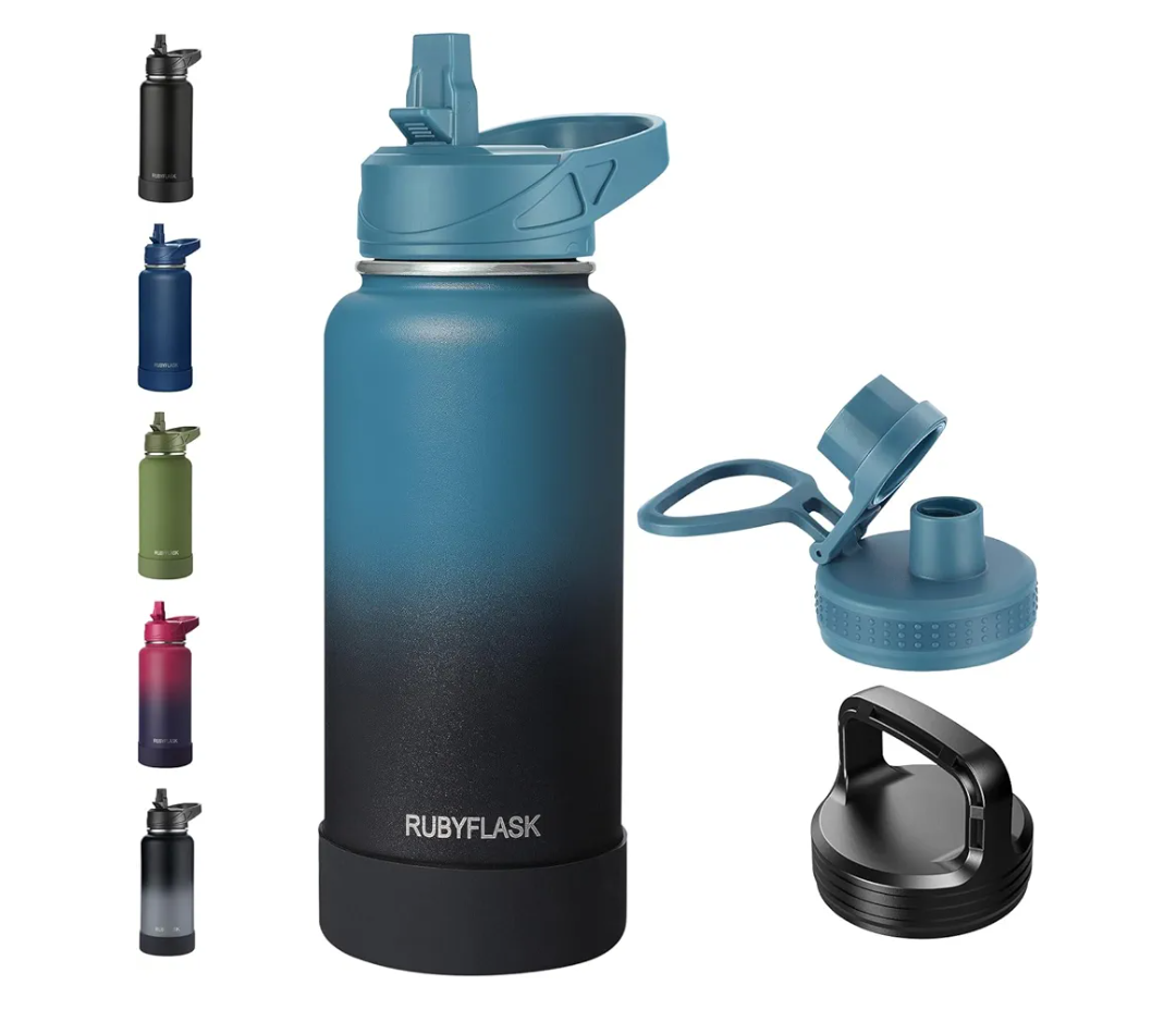 32oz Insulated Water Bottle with Straw, Stainless Steel Metal Vacuum Water Flask, Large Thermal Water bottle with Leakproof 3 Lids for Travel, Camping, Gym Sports Indigo Black