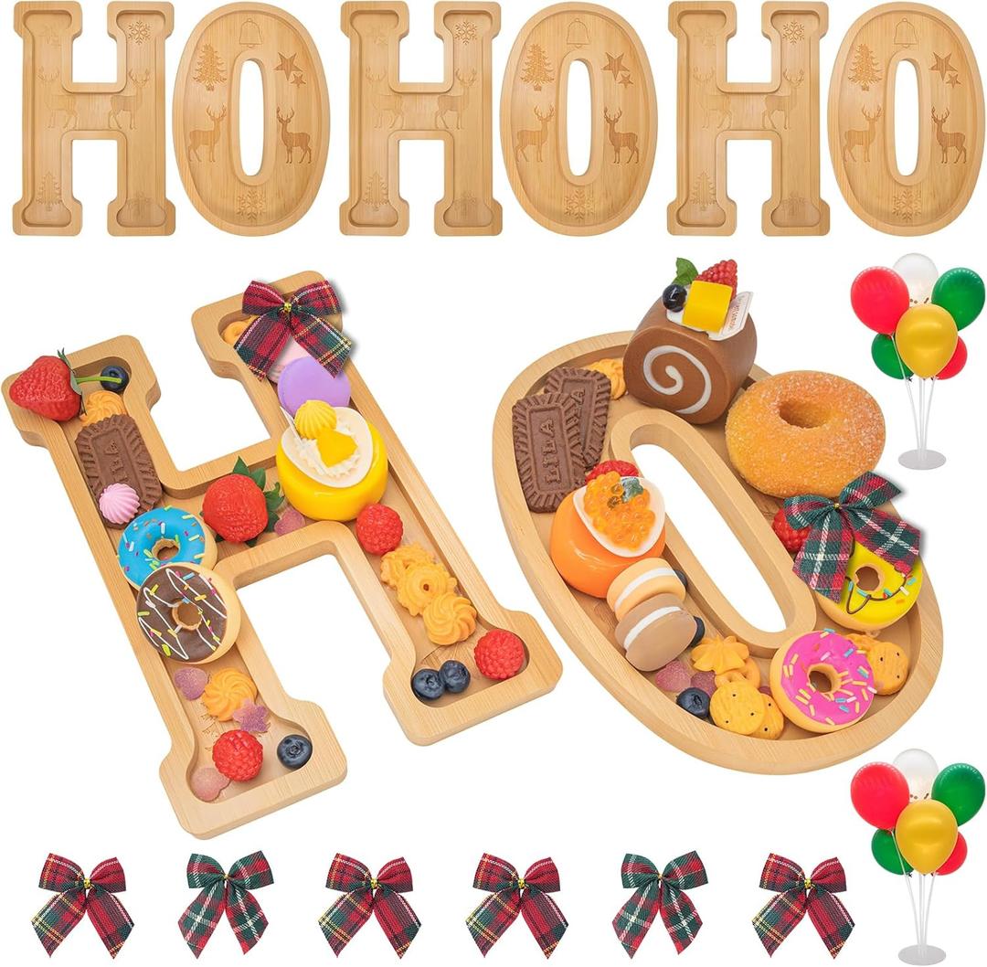 6PCS Bamboo Christmas Decorations Letters Charcuterie Board Box-(with 14 Balloons and Bow) HOHOHO Charcuterie Letters Fillable Food Christmas Party Supplies Table Decoration Food Tray Platter