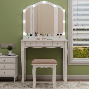 Makeup Vanity Set Teen Vantity Set White Vanity Desk with Mirror and Lights Vanity Table with Lights Vanity Mirror with Lights Desk and Chair Makeup Vanity Table Makeup Vanity with Lights