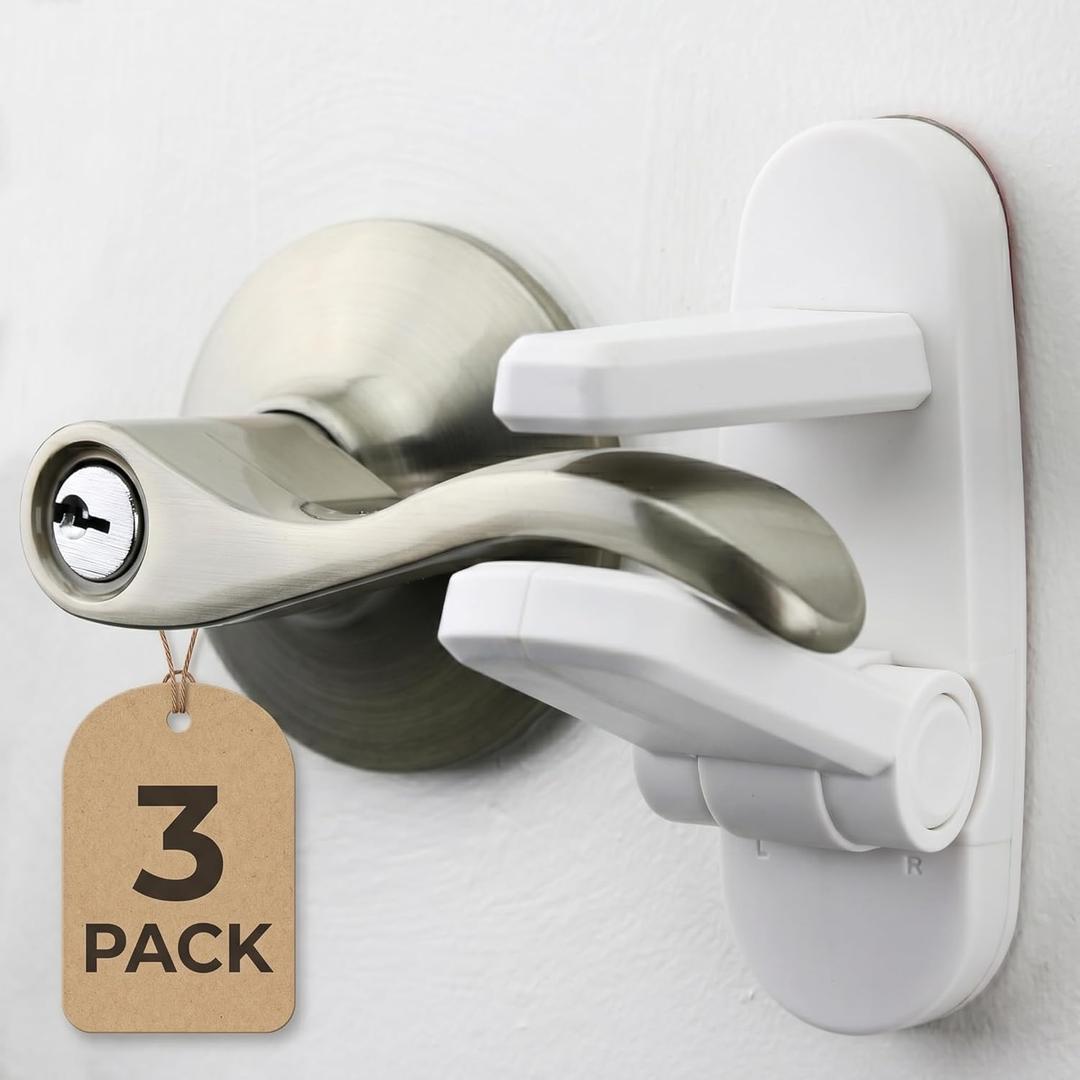 Child Resistant Door Lever Lock - No Tools - Doors and Handles - No Drilling Required - 3M Heavy Duty Adhesive White