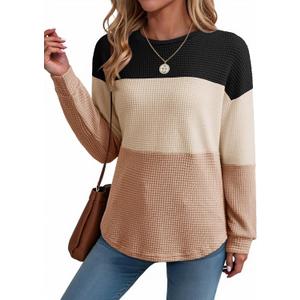 Dokotoo Womens Tops Casual Long Sleeve Waffle Knit Oversized Shirts Crewneck Color Block Pullover Sweatshirts (L)