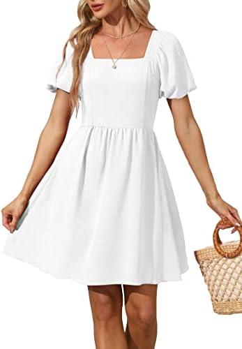 OFEEFAN Women Puff Sleeve Square Neck Tie in Back Dresses with Zipper, M