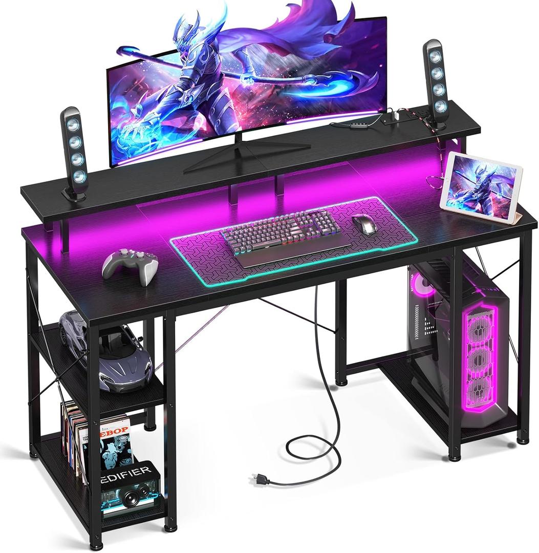 ODK 48 inch Gaming Desk with LED Lights & Power Outlets, Computer Desk with Monitor Stand & Storage Shelves, CPU Stand, Home Office Desk, Black