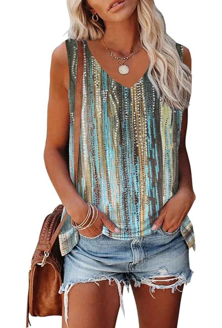 ETCYY Womens Summer Tops Sexy Tie Dye V Neck Tank Top Loose Fit Cute Printed Workout Sleeveless T Shirts, Size S