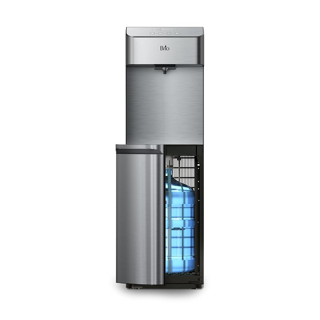 Brio Moderna CLBL730SC Self-Cleaning Bottom Load Water Cooler Dispenser for 3 & 5 Gallon Bottles Tri-Temp w/Fast-Dispense, 11.5" Dispense Height, 24/7 Illuminated Display, Silver Stainless Steel