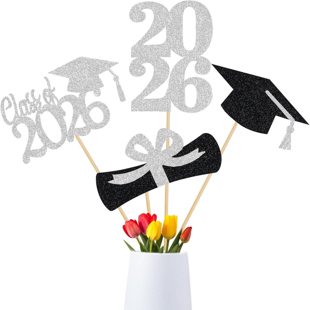 24Pcs Silver 2025 Graduation Centerpiece Sticks, Graduation Party Centerpieces for Tables 2025 Silver Class of 2025 Graduation Table Centerpieces Decorations