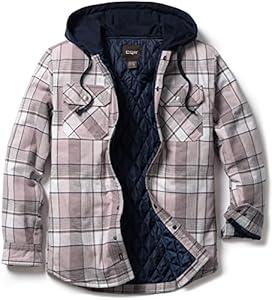 CQR Men's Hooded Quilted Lined Flannel Shirt Jacket, Long Sleeve Plaid Button Up Jackets, Quilted Lined Cloudy Home, Large