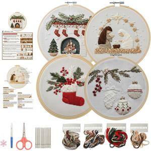 BuyaCraft 4 Sets Easter Embroidery Kit, Cross Stitch Kits, Embroidery Kit for Beginners with Pattern,Tools and Teaching Instructions (Ornaments+Stocking+Fireplace+Nativity Manger)