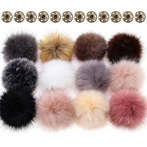 Juinte 12 Pcs 6 Inch Large Fur Pom Pom Balls for Hats Fluffy Faux Fur Pompom Balls with Snap Button for Hat Shoes Scarves Bag Charms DIY Crafts (Retro Color)