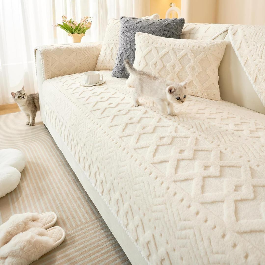 vctops Boho Jacquard Plush Sofa Cover Fluffy Fuzzy Couch Cover for Dogs Soft Cozy Non Slip Sectional Sofa Slipcover Washable Furniture Protector for Kids, Pets (Cream,28"x35")