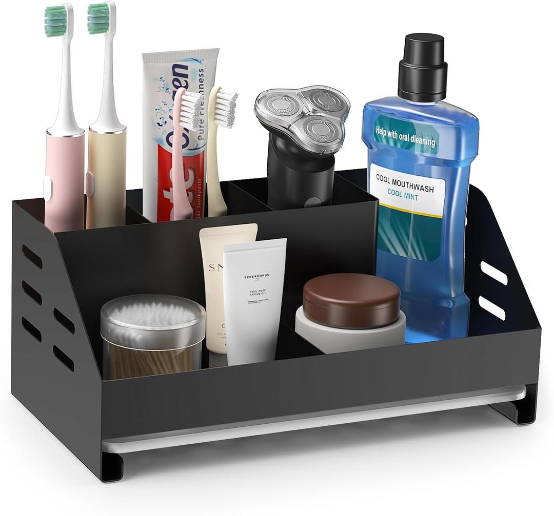 MFTEK Toothbrush Holders, Bathrooms Countertop Storage Organizer, 5 Compartments with Drain Tray, Bathroom Accessories Organization, Electric Toothbrush Toothpaste Razor Storage Holder (Black)