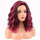 BERON Women Black Highlights Hot Pink Short Curly Wavy Wig for Girls Two Tone Shoulder Length Body Wave Synthetic Halloween Cosplay Daily Party Wigs