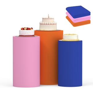 Cylinder Covers Set of 3, Cylinder Stand Covers for Parties,Round Pedestal Stand Covers for Cylinder Stands for Wedding Party Birthday Display(Cylinder Stands Not Included) (Dark Blue Deep Pink Orange, S+M+L)