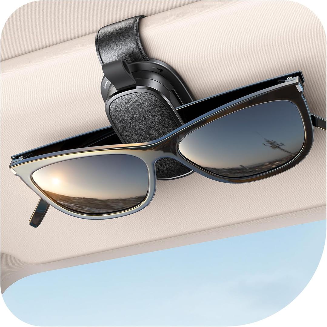 Sunglass Holder for Car, Chfeila Upgrade 360 Rotating & One-Hand Operation Magnetic Glasses Clip, Leather Sun Eyeglass Visor Organizer, Scratch-Free Eyewear Hanger for Car Accessories Gadgets - Black