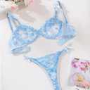 Lilosy Sexy Underwire Cute Push Up Strappy Embroidered Mesh Sheer Lingerie Set See Through Panty Bra (Blue, XS)