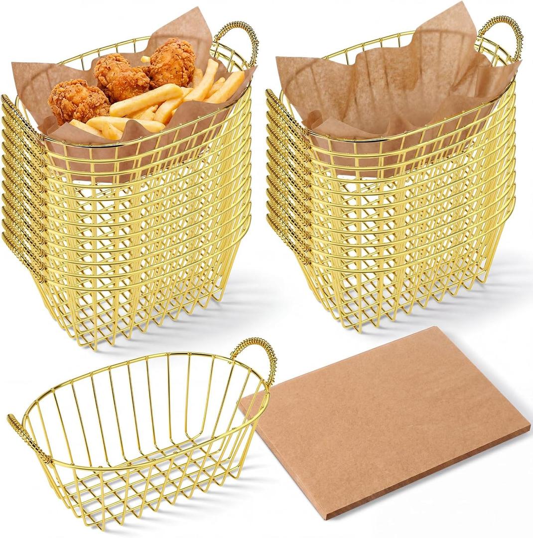 24 Pack Metal Wire Fast Food Baskets with 100 Food Blotting Sheets 7.3 x 4.6 x 3.4 Inch Oval Serving Baskets for Fries, Chicken, Sandwiches, Bread, and Snacks(Gold)