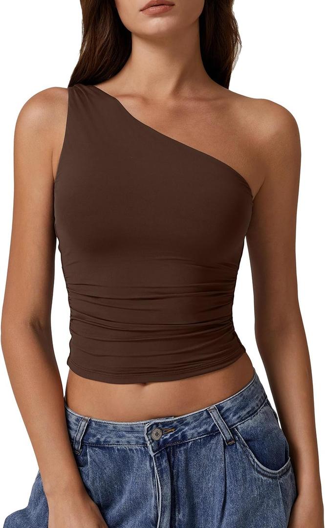 QINSEN Women's One Shoulder Tank Tops Double Lined Sleeveless Slim Fit Cropped Tee Shirt Y2k Tops (Coffee Bean), Medium