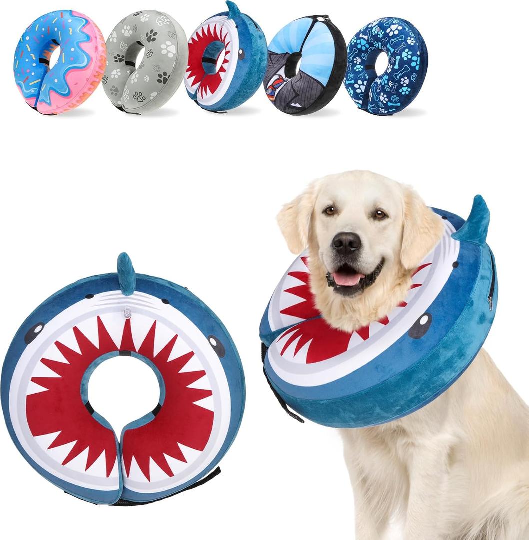 SCENEREAL Dog Cone Alternative After Surgery Pet Recovery Collar for Large Dogs Cats, Adjustable Inflatable Donut to Prevent Licking, Shark Print E-Collars (Large)