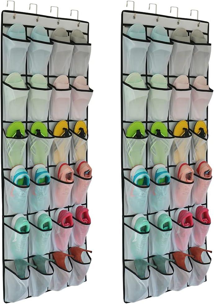 Felibeaco 2 Pack Over The Door Shoes Organizers, Behind Door Shoes Hang Holder Rack with 48 Mesh Large Pockets, Clear Fabric Shoes Hanger Storage Organizer Bag for Bedroom, Pantry, Dorm, White
