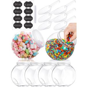 6PCS 34oz Plastics Candy Jars with Lid & Spoons, 1000ml Plastic Cookie Jars Set Clear with Labels& Pen for Candy, Buffet, Coffee Holder Food Storage