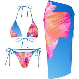 ZAFUL Women's 3 Piece Swimsuit Floral Halter Triangle String Bikini Tie Side Bottom with Boho Cover Up Skirt, Blue, S
