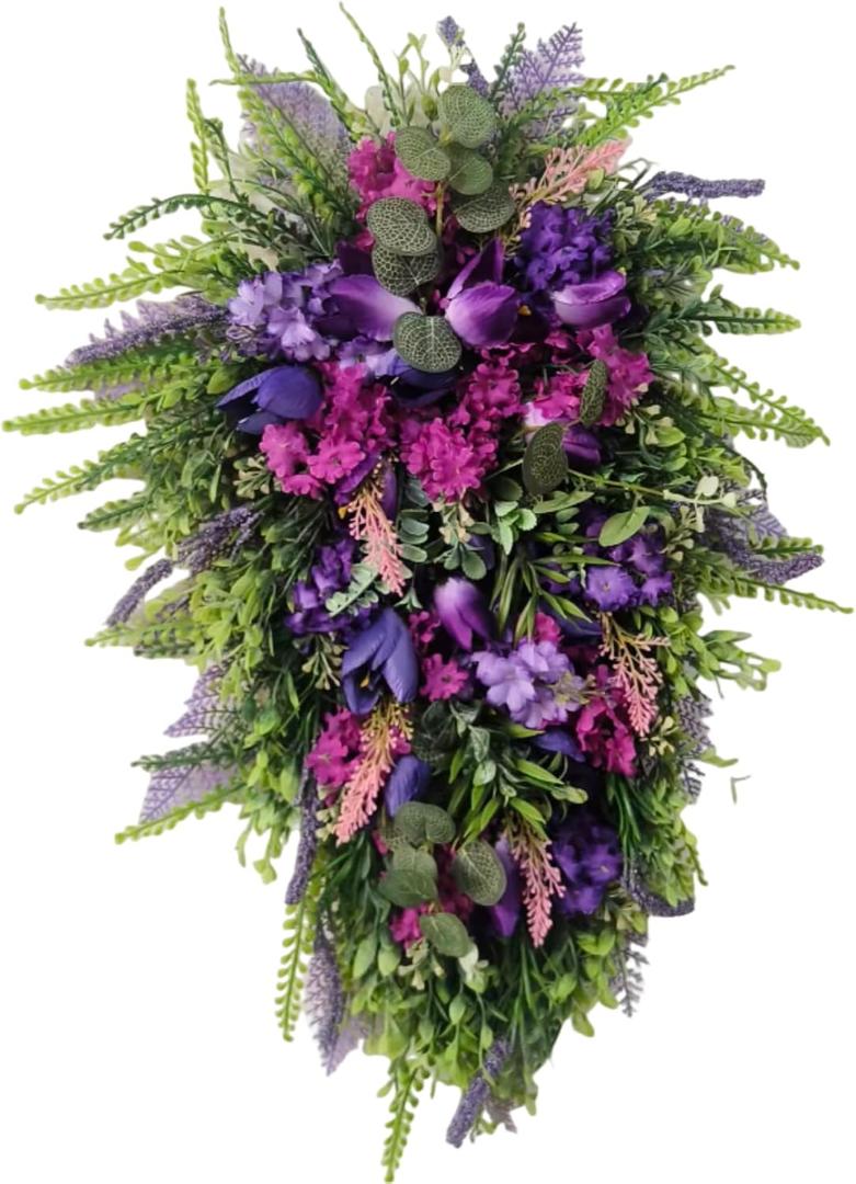 Purple Tulip Spring Wreath for Front Door, 19.69x11.81 Inch Floral Wreath with Hydrangea, Colorful Welcome Wreath for Spring Summer Home Decor