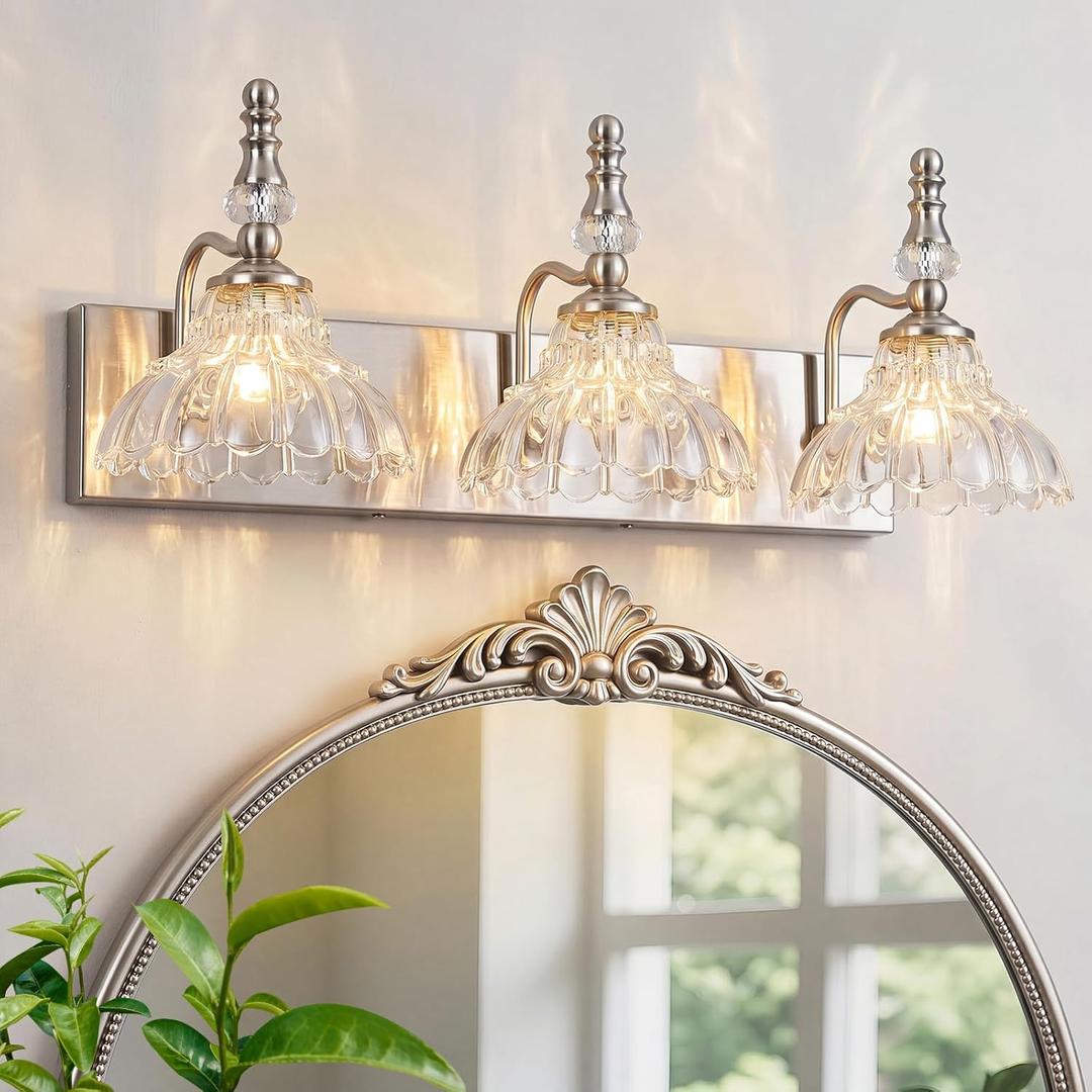 Vintage Bathroom Vanity Light, 3-Light Brushed Nickel Vanity Lighting Fixture with Flower Glass Shade, Bathroom Lighting Fixtures Over Mirror