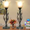 Bedside Lamps Set of 2, Table Lamp with USB Port 3 Way Dimmable Touch lamp Torchiere Nightstand Lamps with Rustic Vines Leaf and Glass Flower Shade lamp for Bedroom, Living Room, Office (Black)