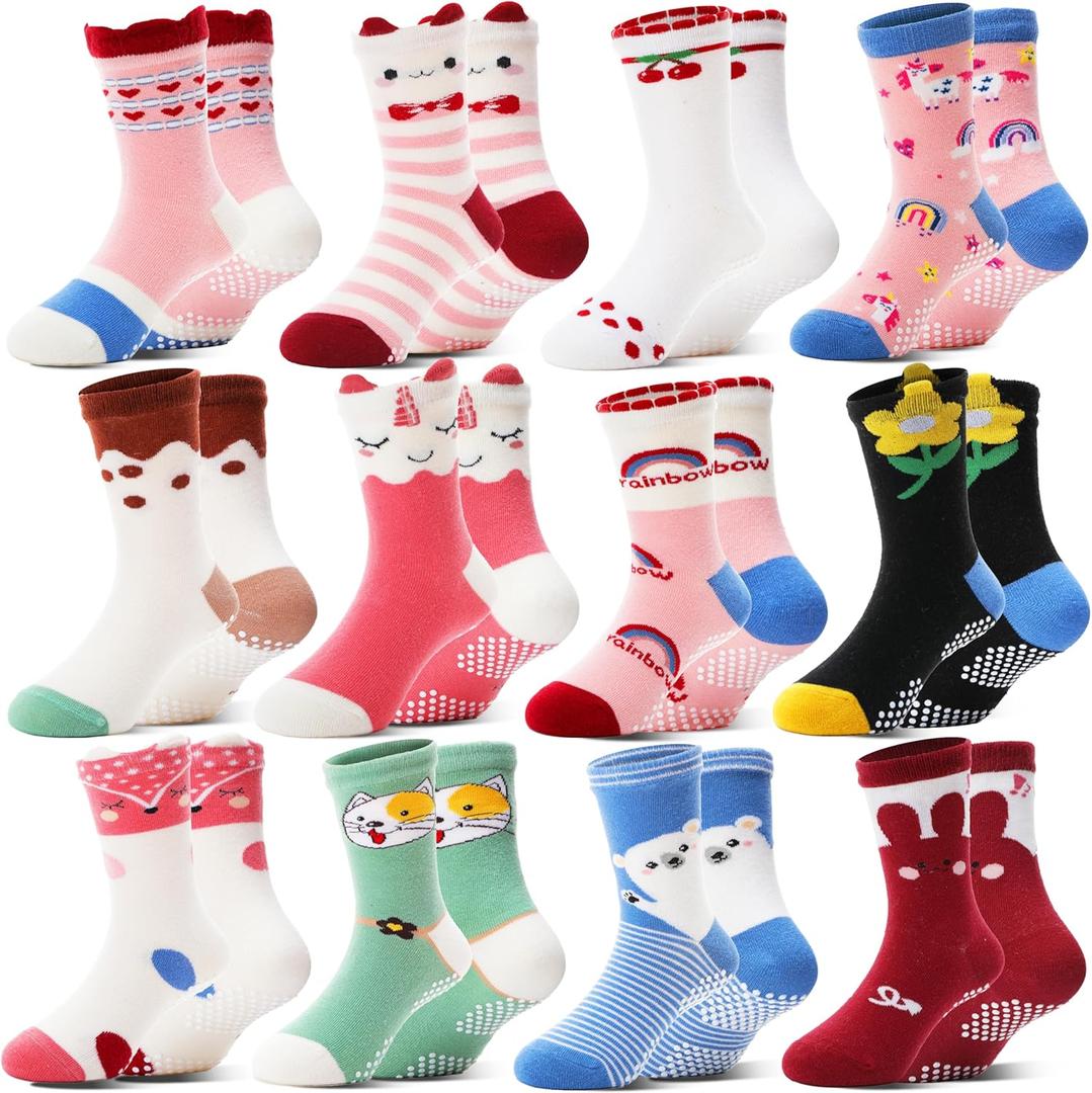 Welwoos Baby Girls Toddlers Grips Socks 12 Pairs Kids Anti Slip Non Skid Animal Funny Cartoon Crew Breathable Cotton Socks (9-14 Years, Red/Pink/Blue/Green/White/Black)