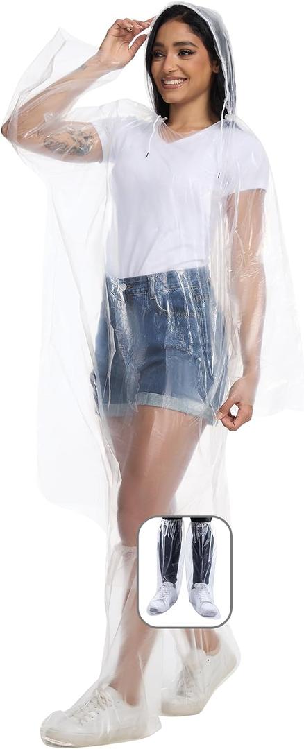 BATHRINS Disposable Rain Ponchos for Adults 3 Pack Raincoat Set - Emergency Clear Poncho with Hoods & Waterproof Boot Covers