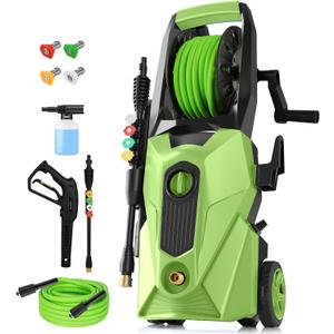 Electric Pressure Washer 5000 PSI,2.8 GPM Power Washer with Foam Cannon,Portable Cleaner with 33ft Hose Reel,4 Nozzle Tips,and Soap Bottle for Cars/Home/Driveways/Patios/Decks/Fences(Green)