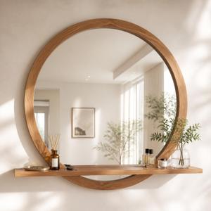 Vercraft 30 Inch Round Wall Mirror with Shelf Solid Wood Frame Rustic Circle Mirror Handcrafted for Entryway Bathroom or Living Room Decorative (Brown)