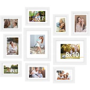 Povrgive Picture Frames, Made of Real Glass and Wooden Frame, Gallery Photo Frames Set of 10 for Collage Wall Decor, Multi Sizes Including 8x10, 5x7, 4x6 for Mounting or Tabletop Display, White