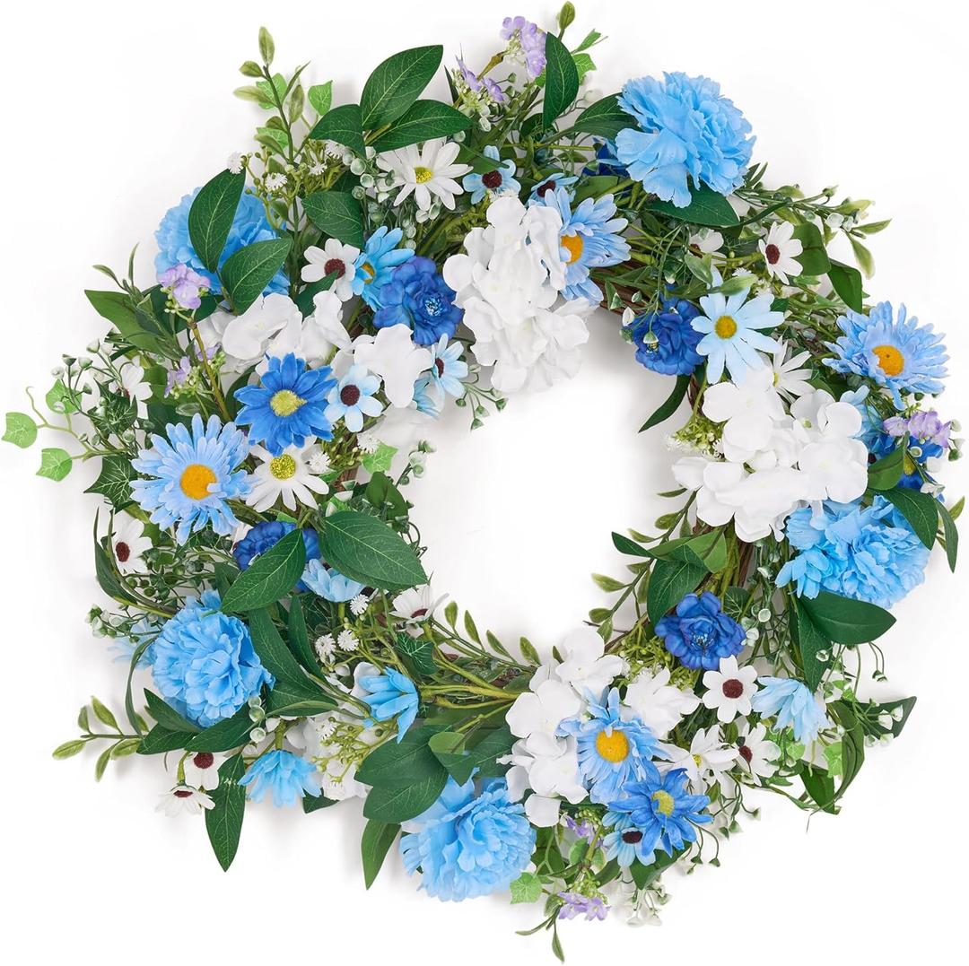 GENMOUS 24 Inch Summer Spring Blue Daisy Wreath for Front Door, Rustic and Farmhouse Flower Wreath with Myosotis sylvatica, Indoor&Outdoor Wedding Wall Home Decor