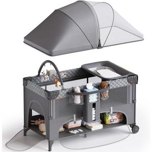 4 in 1 Baby Bassinet,Pack and Play,Bedside Crib Sleeper,Baby Bassinets Bedside Sleeper with Diaper Changer, Mosquito Net,Bottom Storage and Toy Bar for Newborn to Toddles (Grey)