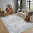 8x10 Blue Washable Area Rug for Living Room Bedroom Vintage Floral Distressed Non Slip Low Pile Rug Lightweight Traditional Carpet Dining Room Office Classroom Playroom Indoor