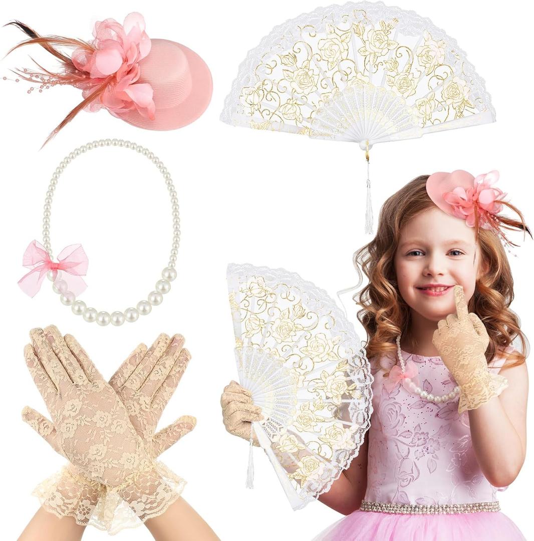 Sintege 4 Pcs Girls Tea Party Set Girls Tea Party Accessories Gloves Hats Necklace Fans for Toddler (Champagne)