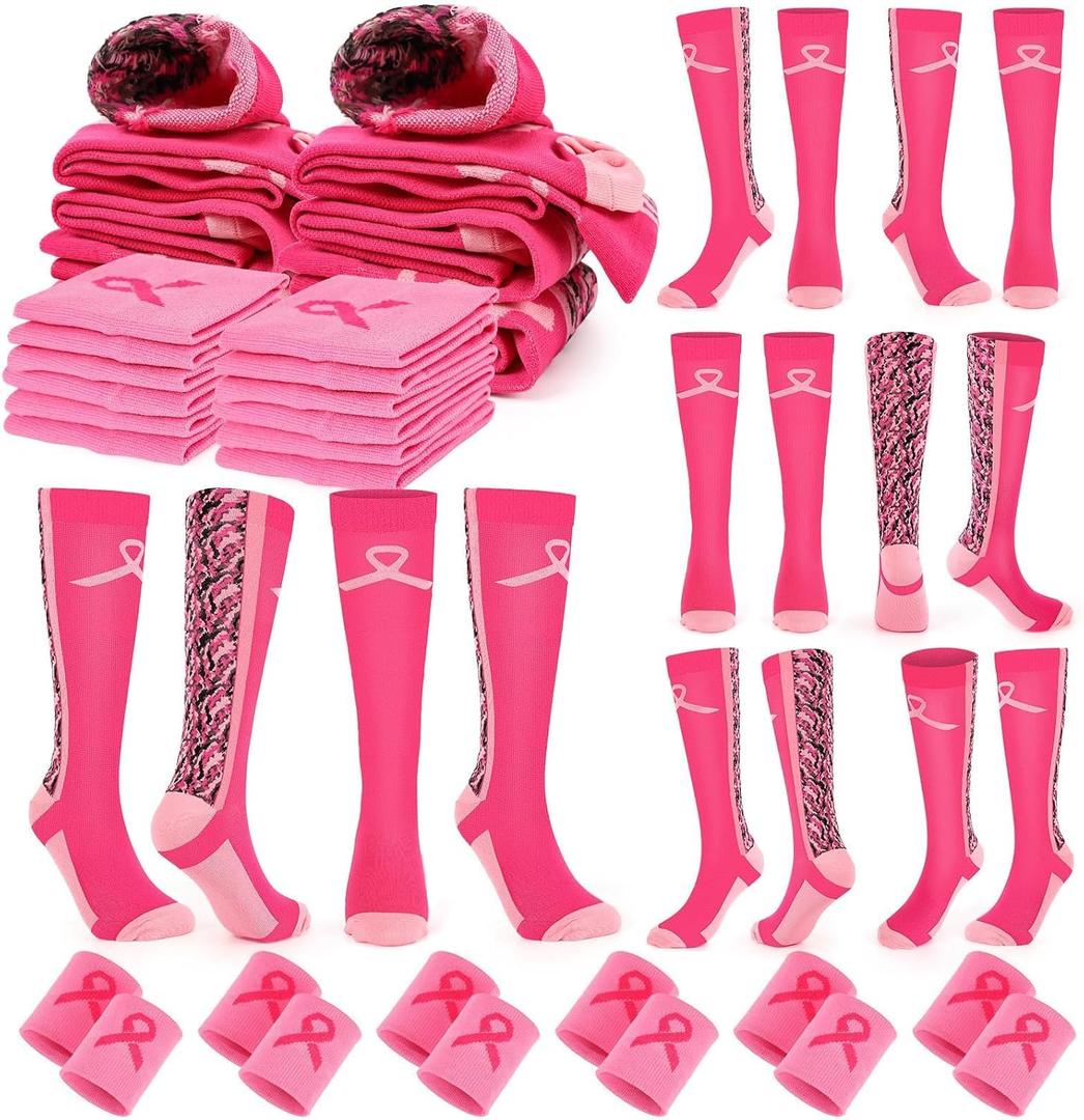 24 Pairs Breast Cancer Awareness Socks Bluk Pink Football Socks With Wrist Sweatbands Athletic Accessories for Volunteer (Pink, L)