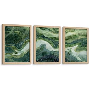 3Pcs Framed Canvas Wall Art Japanese Style Green Abstract Landscape Modern Print Art Gallery Suitable For Living Room Bedroom Office Home Decor 16x24 Inches Ready To Hang