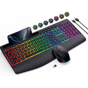 Wireless Keyboard and Mouse Combo- VEILZOR 2.4G Rechargeable Keyboard with Phone Holder, Ergonomic Wrist Rest, 9 RGB Backlit Effects, Silent Keyboard Mouse Set for Windows, Laptop, PC (Black)